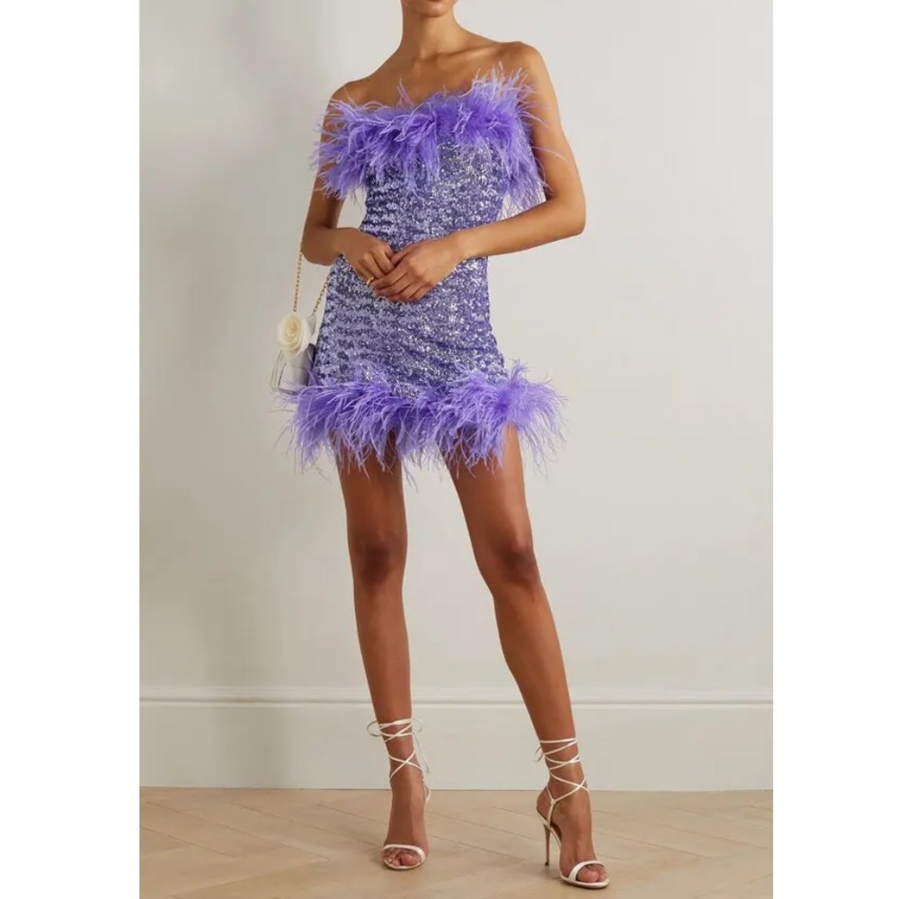 Oseree Purple Sequin Mini Dress with Feather Trim - Picture 2 of 4